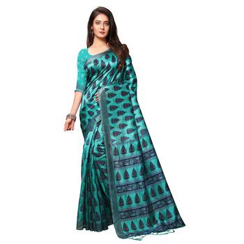 Sky blue printed art silk saree with blouse 1