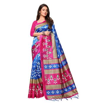 Blue printed art silk saree with blouse 1