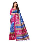 Blue printed art silk saree with blouse