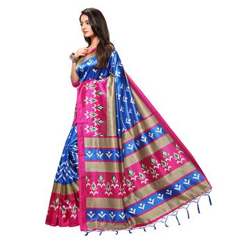 Blue printed art silk saree with blouse 2