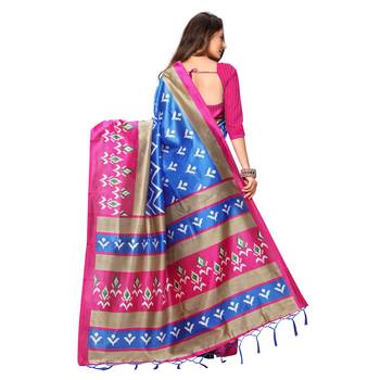 Blue printed art silk saree with blouse 3
