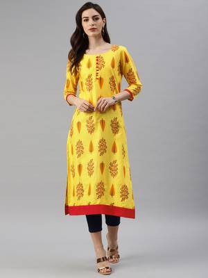 Yellow printed cotton cotton-kurtis 1