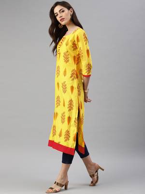 Yellow printed cotton cotton-kurtis 2