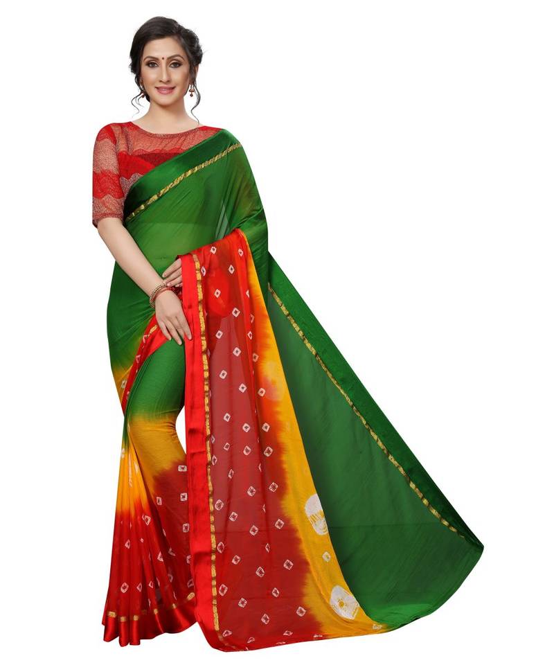 women's multicolor chiffon bandhani and lehariya style saree with blouse piece