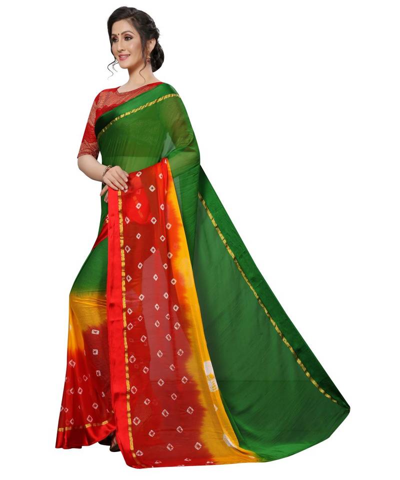 women's multicolor chiffon bandhani and lehariya style saree with blouse piece
