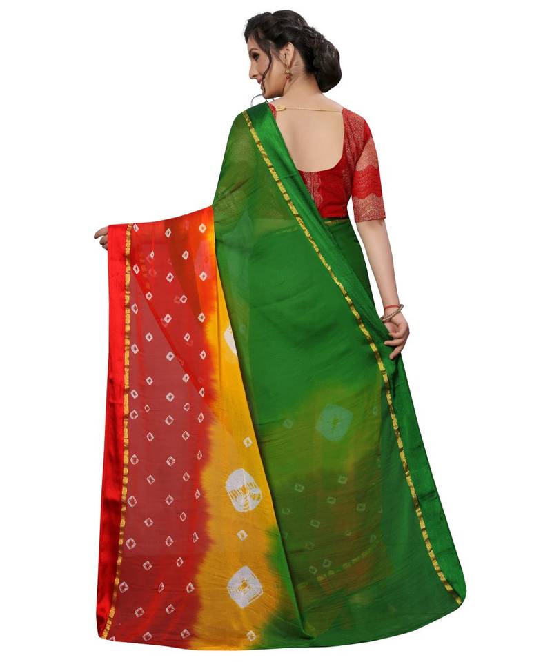 women's multicolor chiffon bandhani and lehariya style saree with blouse piece