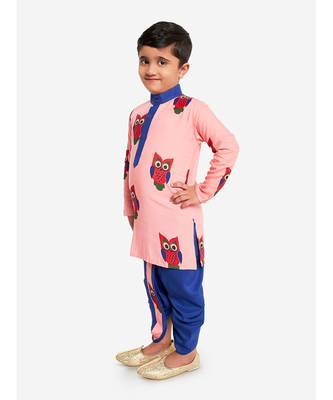 LIGHT PINK and  BLUE OWL PRINT KURTA DHOTI 3