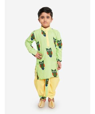 GREEN and  YELLOW OWL PRINT KURTA DHOTI 1