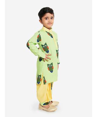GREEN and  YELLOW OWL PRINT KURTA DHOTI 2