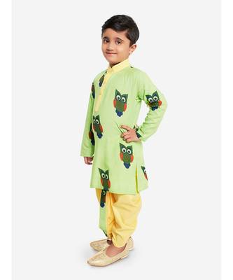 GREEN and  YELLOW OWL PRINT KURTA DHOTI 3