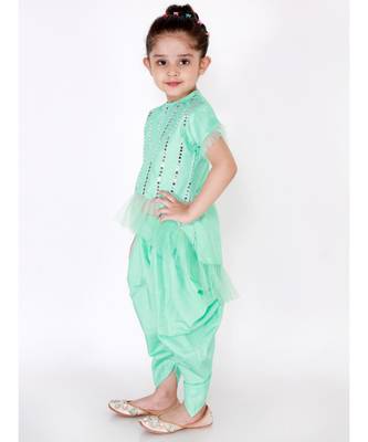 MINT GREEN DAZZLE NET FRILL Hi-LOW KURTI WITH DHOTI PANTS 1