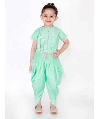MINT GREEN DAZZLE NET FRILL Hi-LOW KURTI WITH DHOTI PANTS 2