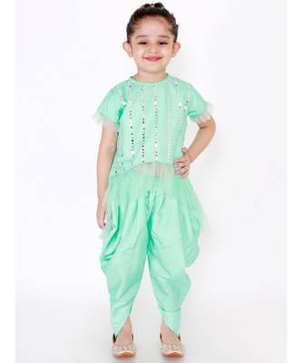MINT GREEN DAZZLE NET FRILL Hi-LOW KURTI WITH DHOTI PANTS 3