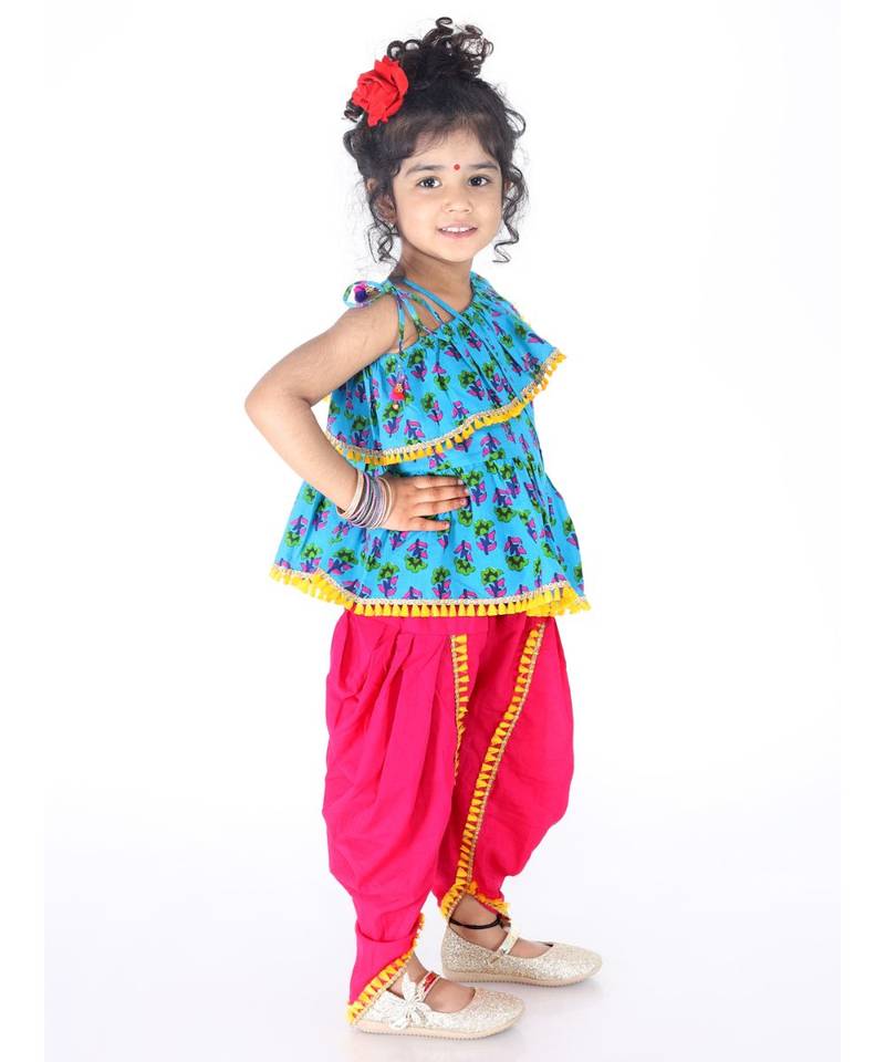 Blue  Frill Peplum Top-Dhoti and Potli Bag