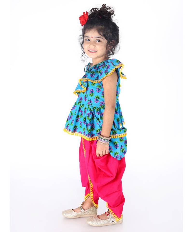 Blue  Frill Peplum Top-Dhoti and Potli Bag