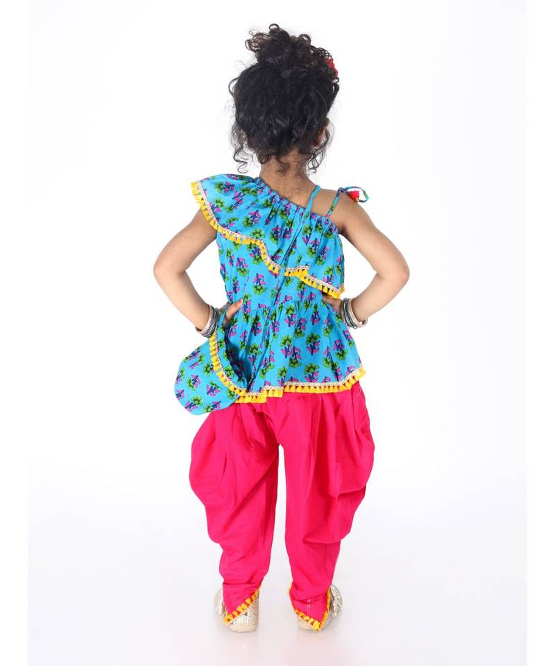 Blue  Frill Peplum Top-Dhoti and Potli Bag