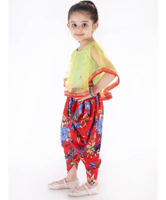 YELLOW and RED  SEQUINS CAPE WITH LACE DETAIL AND FLORAL DHOTI 1