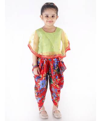 YELLOW and RED  SEQUINS CAPE WITH LACE DETAIL AND FLORAL DHOTI 2