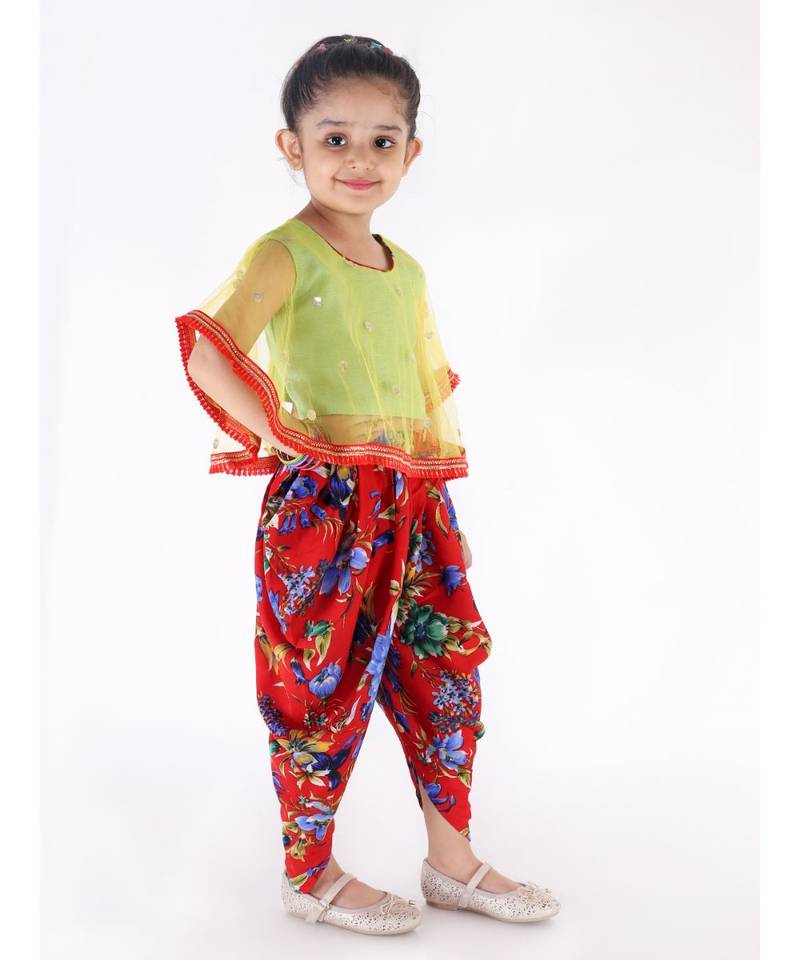 YELLOW and RED  SEQUINS CAPE WITH LACE DETAIL AND FLORAL DHOTI