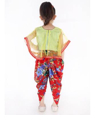 YELLOW and RED  SEQUINS CAPE WITH LACE DETAIL AND FLORAL DHOTI 4