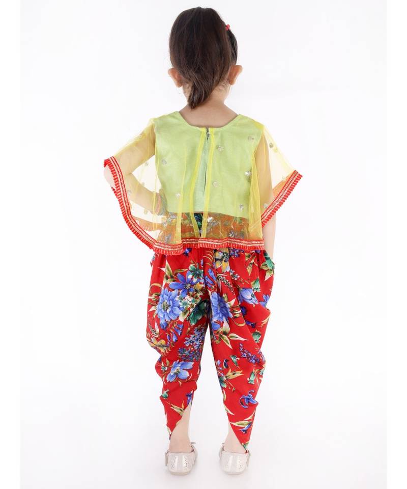 YELLOW and RED  SEQUINS CAPE WITH LACE DETAIL AND FLORAL DHOTI