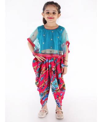 TORQUOISE and RANI  SEQUINS CAPE WITH LACE DETAIL AND FLORAL DHOTI 1