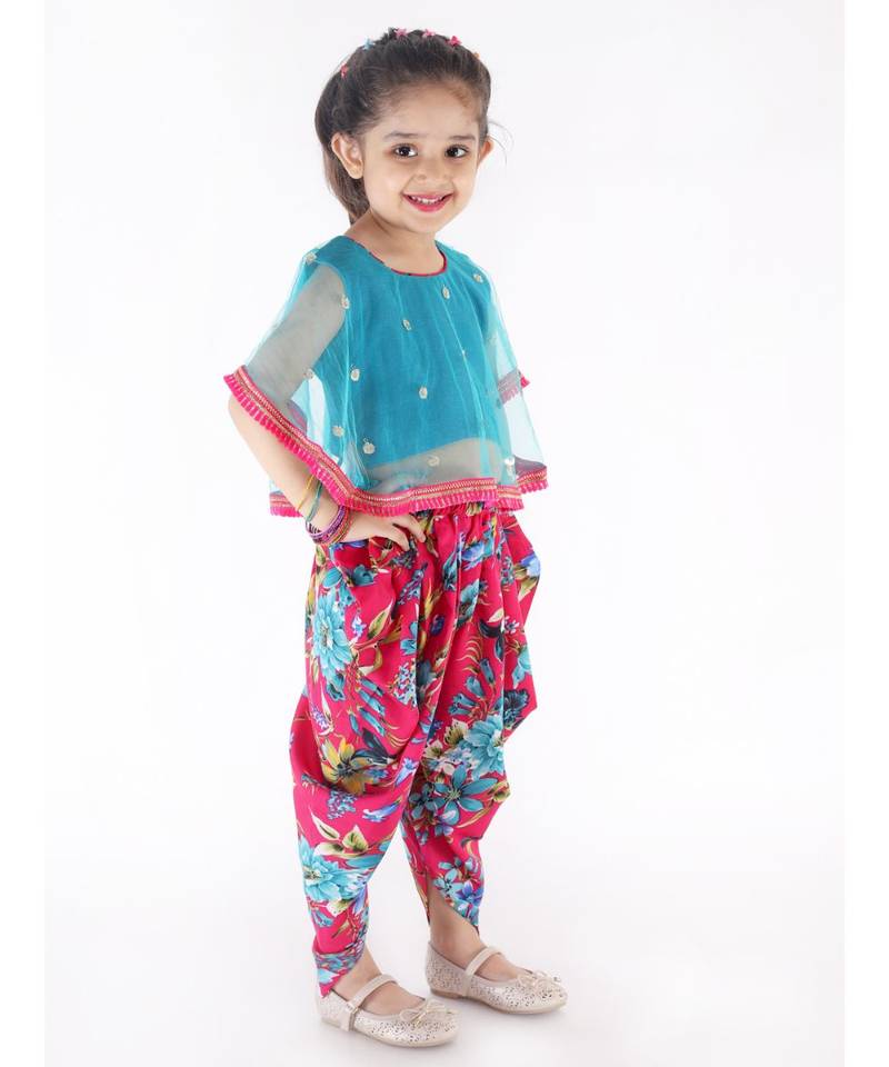 TORQUOISE and RANI  SEQUINS CAPE WITH LACE DETAIL AND FLORAL DHOTI