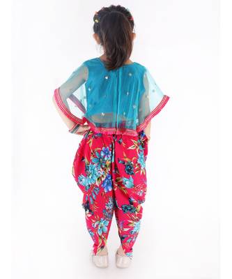 TORQUOISE and RANI  SEQUINS CAPE WITH LACE DETAIL AND FLORAL DHOTI 3