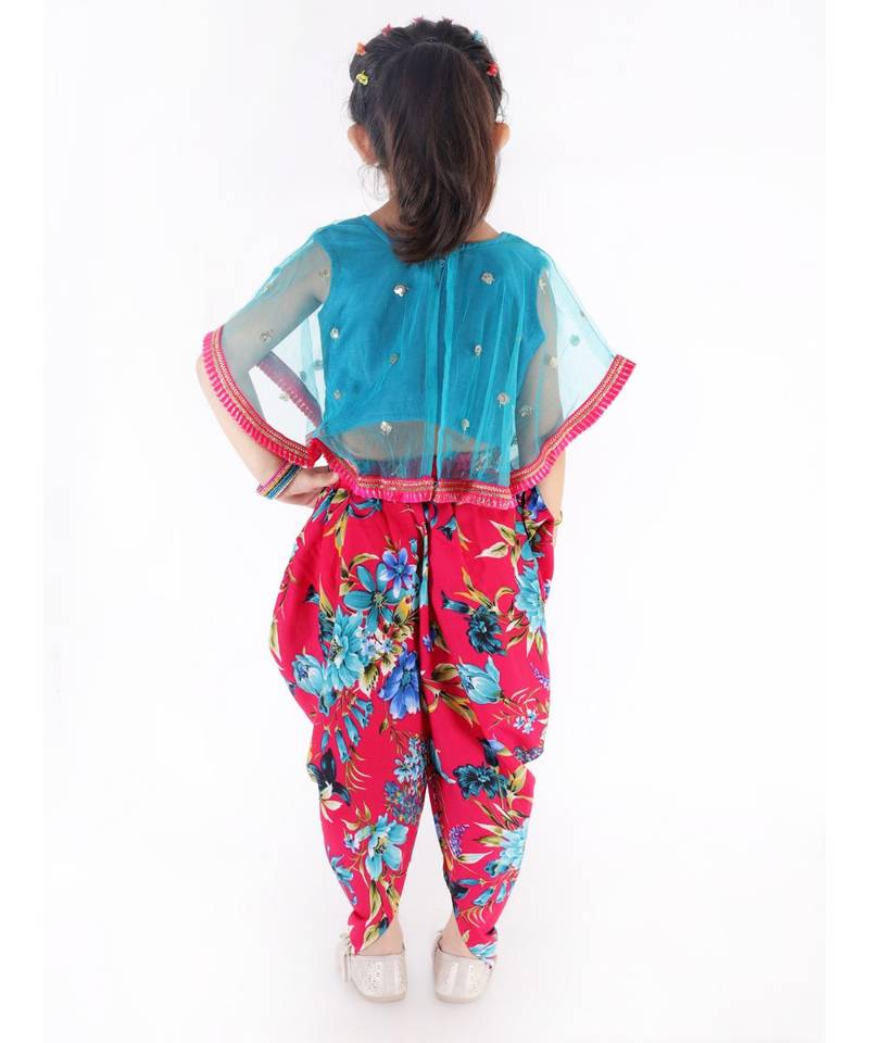 TORQUOISE and RANI  SEQUINS CAPE WITH LACE DETAIL AND FLORAL DHOTI