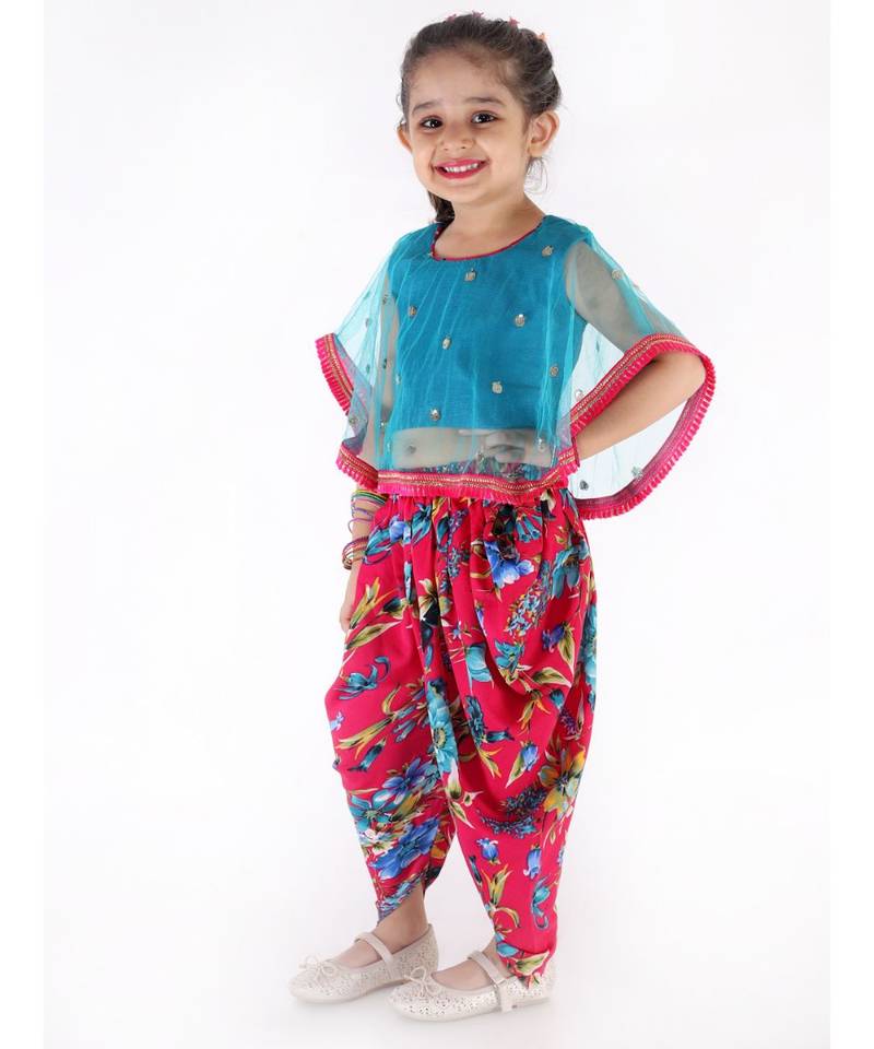 TORQUOISE and RANI  SEQUINS CAPE WITH LACE DETAIL AND FLORAL DHOTI