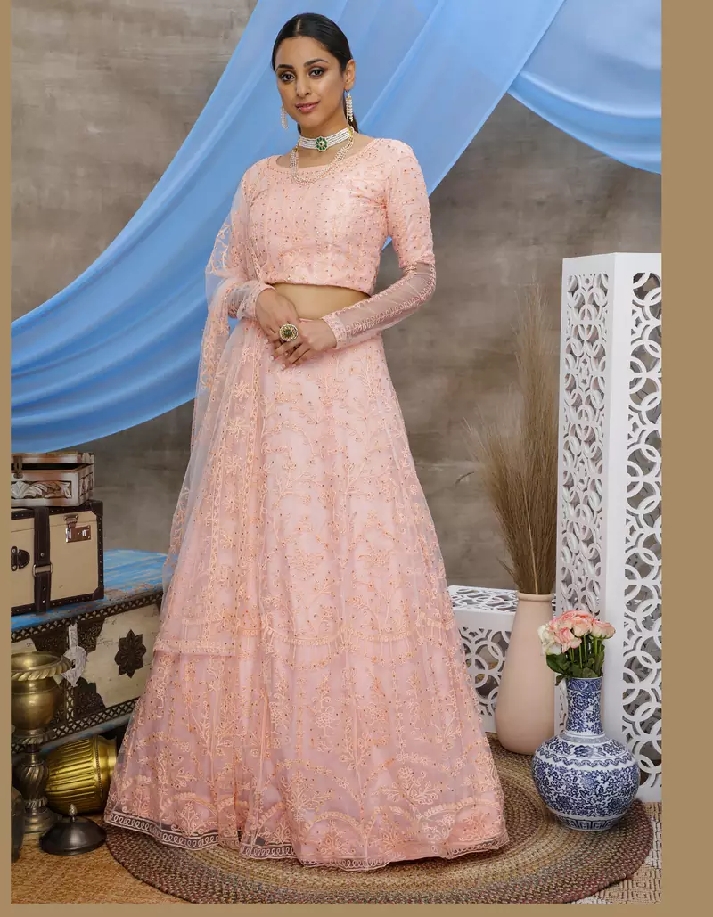 Peach Thread embroidered net Semi Stitched bridal lehenga