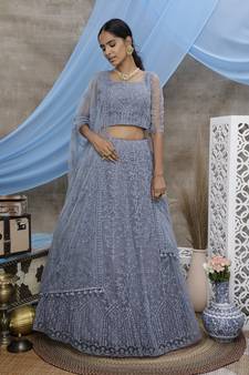 Grey Thread embroidered net Semi Stitched bridal lehenga