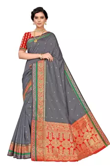 Grey woven poly silk saree with blouse