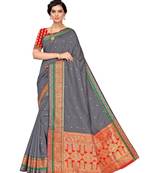 Grey woven poly silk saree with blouse