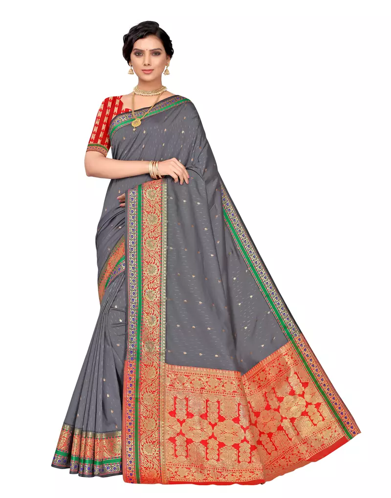 Grey woven poly silk saree with blouse