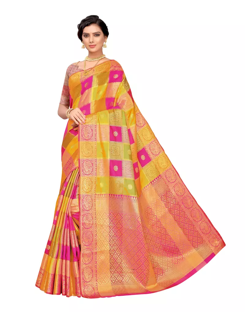 Multicolor woven poly silk saree with blouse