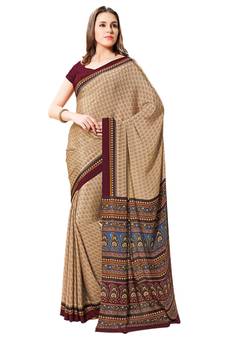 Cream printed crepe saree with blouse
