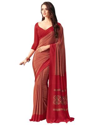 Red printed crepe saree with blouse 1