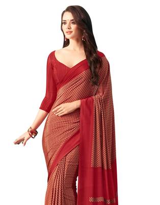 Red printed crepe saree with blouse 2