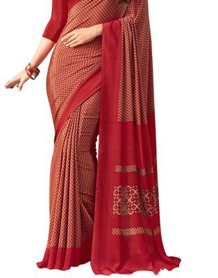 Red printed crepe saree with blouse 3