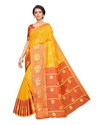Yellow woven poly silk saree with blouse 1