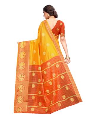 Yellow woven poly silk saree with blouse 2