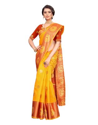 Yellow woven poly silk saree with blouse 3