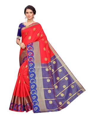 Red woven poly silk saree with blouse 1