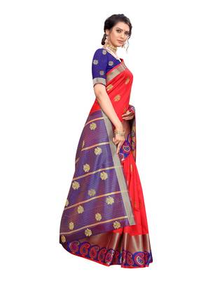 Red woven poly silk saree with blouse 2