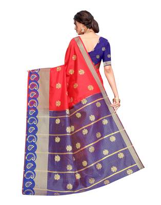 Red woven poly silk saree with blouse 3
