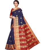 Navy blue woven poly silk saree with blouse