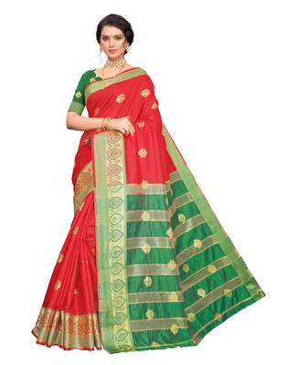 Red woven poly silk saree with blouse 1