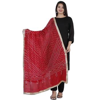 Women's rayon Solid Black printed kurti with Black Pant & Bandani print red duptta with lace border 1