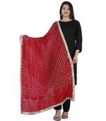 Women's rayon Solid Black printed kurti with Black Pant & Bandani print red duptta with lace border